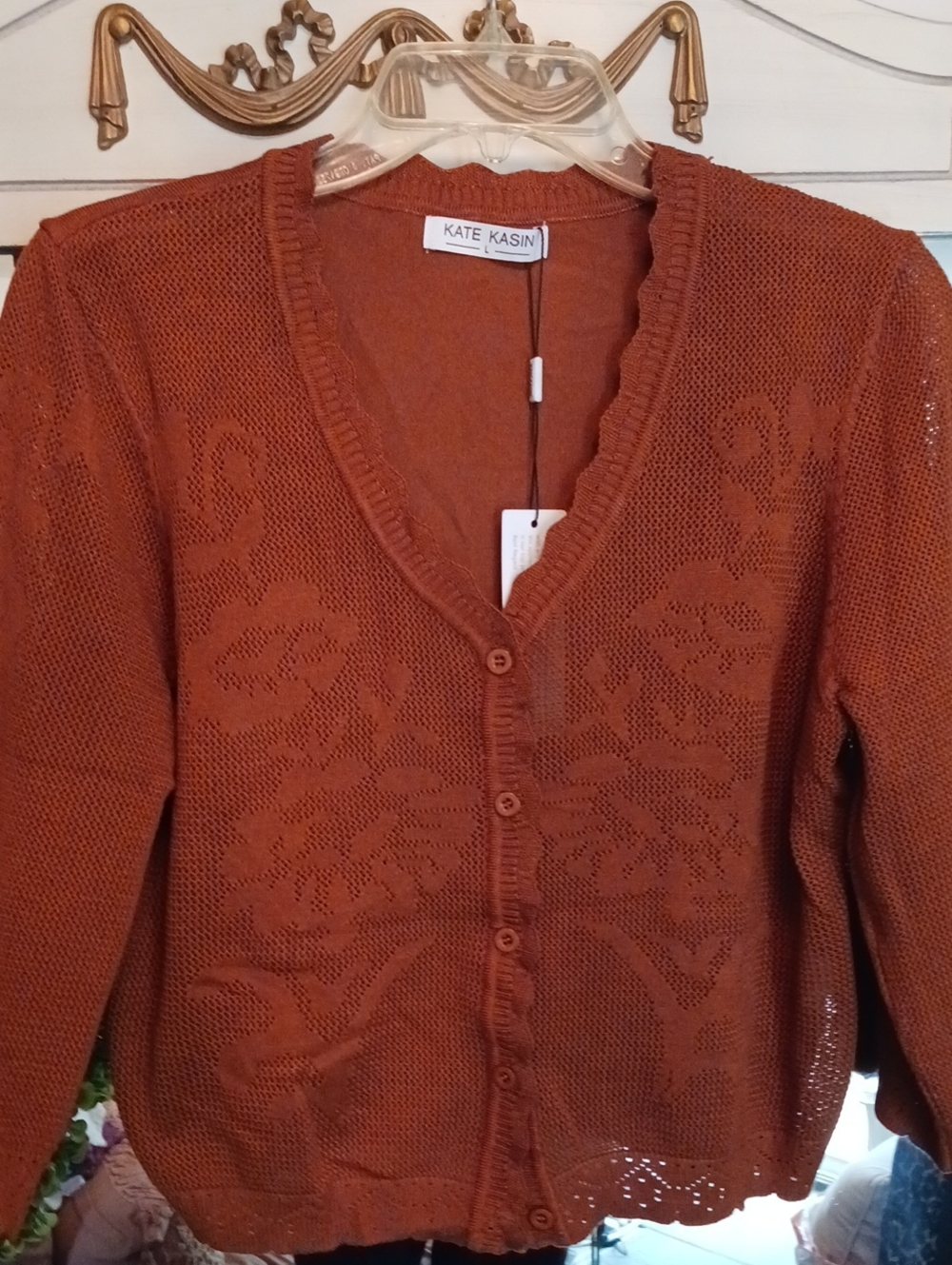 Kate Kadin Rust Brown Button-Up Knit Floal Design Sweater L *NEW*